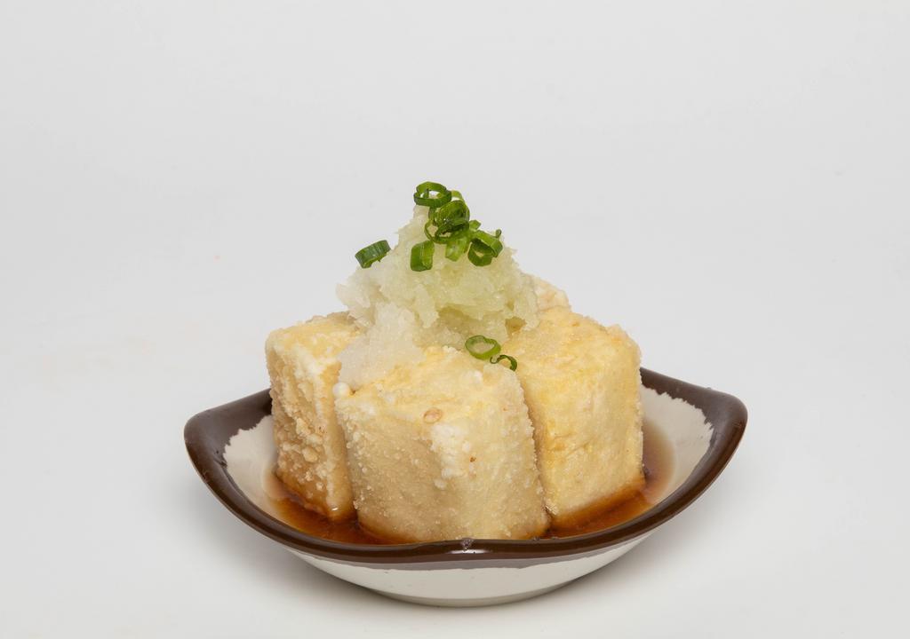 Agedashi Tofu · Deep-fried tofu with radish, green onion, tempura sauce. Vegetarian.