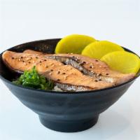 Salmon Donburi · Seared Salmon, Rice, Sweet sauce. Green onion, Sesame Seed, Pickle Radish.