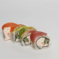 Rainbow Roll · Cucumber, crab salad with tuna, salmon, white fish, shrimp, avocado. Raw fish.