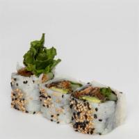 Salmon Skin Roll · Cooked salmon skin, avocado, lettuce, cucumber with sweet sauce, sesame seeds.