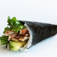 Salmon Skin Hand Roll · salmon skin, avocado, cucumber, lettuce with sweet sauce and sesame seed.