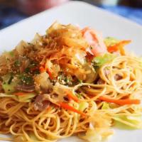 Seafood Yaki Soba · Japanese thin noodle, stir fried with scallop, shrimp, crab stick, fish cake.