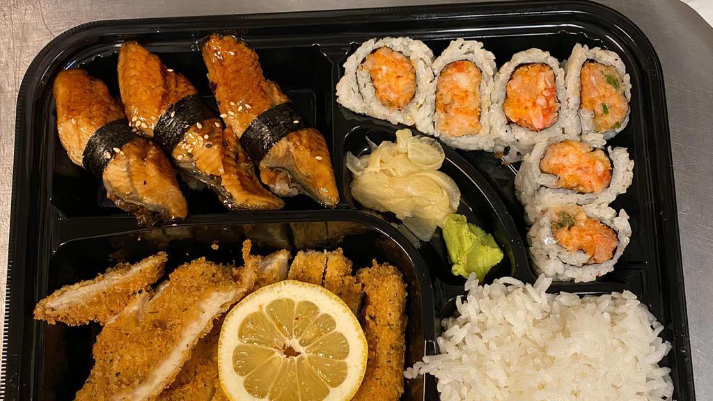 Chicken Katsu Box · Three pieces eel sushi and spicy yellowtail roll.