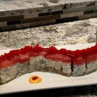 Fire Dragon (12 Pieces) · Spicy tuna, salmon, eel, snow crab, and tempura crunch, topped with fresh tuna tobiko and ch...
