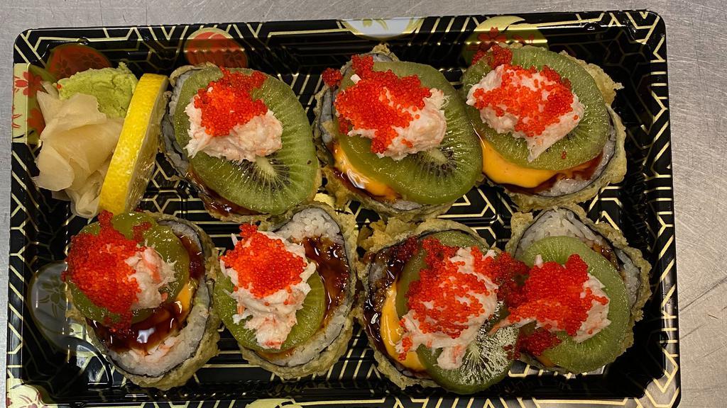 Around The World (7 Pieces) · Lobster, snow crab, shrimp, green onion, avocado, tobiko wrapped in seaweed, and fried tempura style to crispy, topped with kiwi, tobiko spicy mayo, and eel sauce.