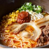 Spicy Miso Ramen · Chashu, ground beef, green onion, beansprouts, corn, menma, house-made hot paste. (egg is ex...