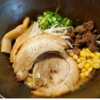 Miso Ramen · Traditional miso broth. Chashu, ground beef, green onion, beansprouts, corn, menma.