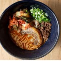 Kimchi Ramen · Spicy broth topped with chashu, soboro beef, green onion, beansprouts, and kimchi.