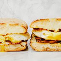 Bacon, Egg & Cheese Sandwich · applewood bacon, pasture-raised fried egg*, white cheddar & roasted garlic aioli (D, E, GF*)