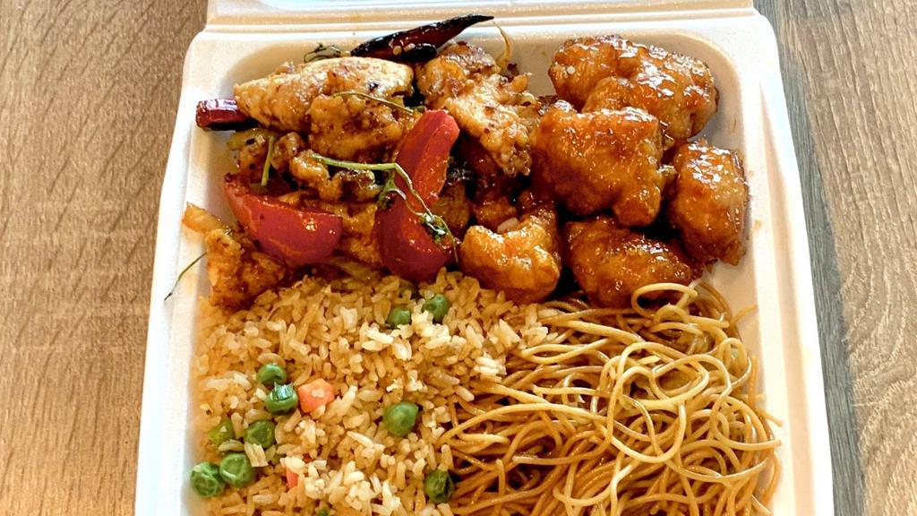 Regular Combo · Comes with a side (rice, noodle, or vegetables), and two entrees. (orange, bbq, mushroom, black pepper, sweet and sour, general, green bean chicken, or honey walnut shrimp.)