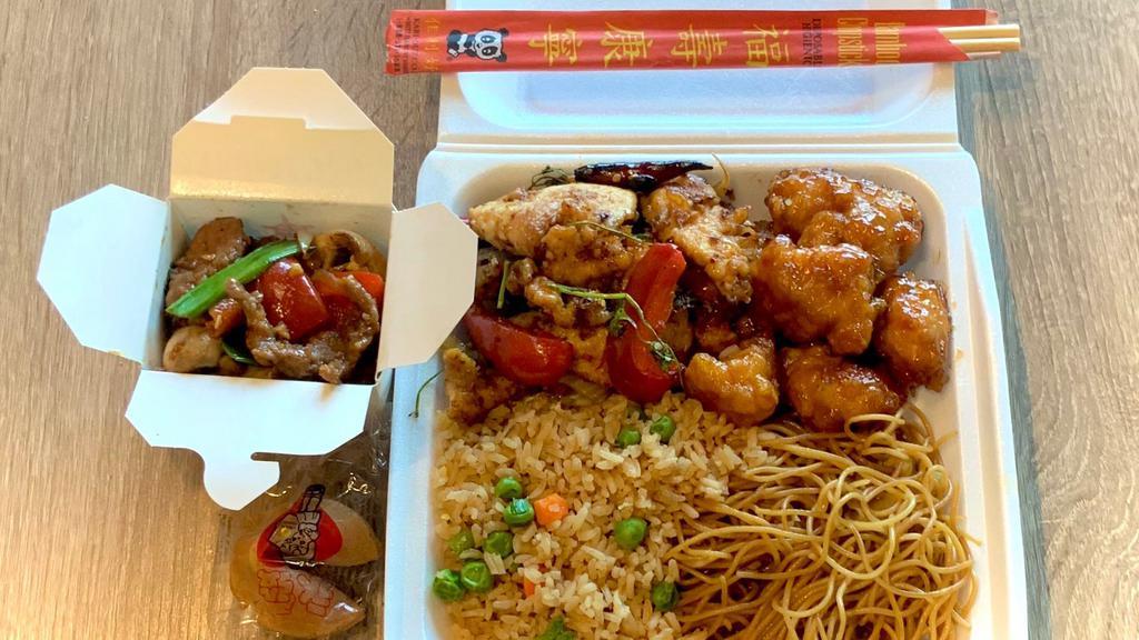 Super Combo · Comes with a side (rice, noodle or vegetable), three entrees (orange, bbq, mushroom, black pepper, sweet and sour, general, green bean chicken, or honey walnut shrimp.