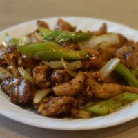 Black Pepper Chicken · Fried noodles with chicken roast pork shrimp & vegetables in brown sauce.