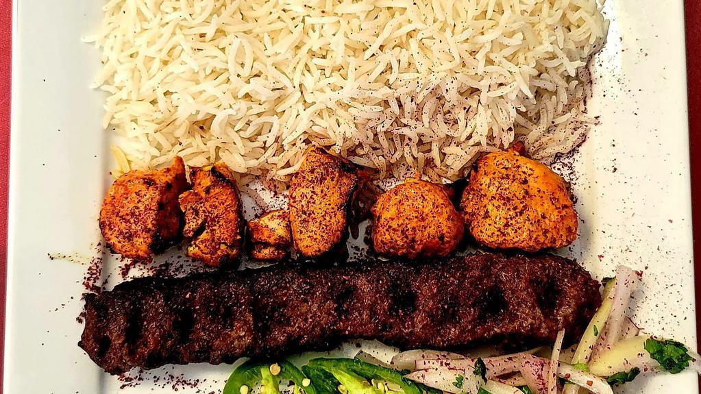 Mix  Shami Kabob · chicken cubes with ground lamb skewers Basmati rice and Salad.