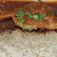 Shank Qurma · Lamb shank with basmati rice and salad