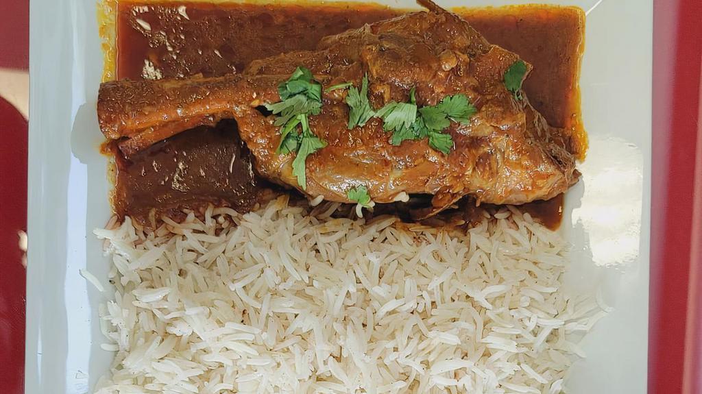 Shank Qurma · Lamb shank with basmati rice and salad