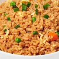 Egg Fried Rice · Fried rice with egg, bean sprouts, carrots, onions, and peas.