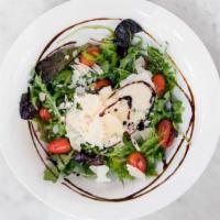 Midici House Salad · Seasonal greens, baby arugula, grape tomatoes, parmigiano reggiano,and  balsamic vinaigrettl...