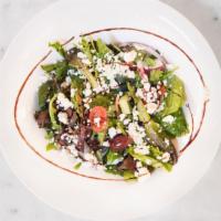 The Greek Salad · Baby spinach, seasonal greens, grape tomatoes, feta, kalamata olives, red onions, cucumber, ...