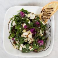 Purple Kale And Ricotta Salad · Purple kale, baby spinach, ricotta, dates, parmigiano reggiano, and mustard vinaigrette dres...