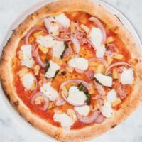 Hawaiian Pizza · Italian tomato sauce, fresh mozzarella, pineapple, rosemary ham, and red onions.