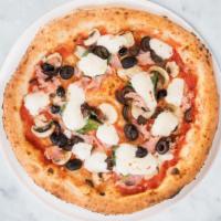 The Forest Pizza · Italian tomato sauce, fresh mozzarella, rasemary ham, mushrooms, and black olives.