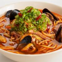 Gochoo Jjamppong · Spicy noodle soup with pork, squid, mussels and vegetables with chili pepper. (7-8 spicy lev...