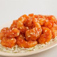 Chili Shrimp  · Contains nut. Deep fried shrimp are served with sweet and spicy chili sauce peanut on top.(1...