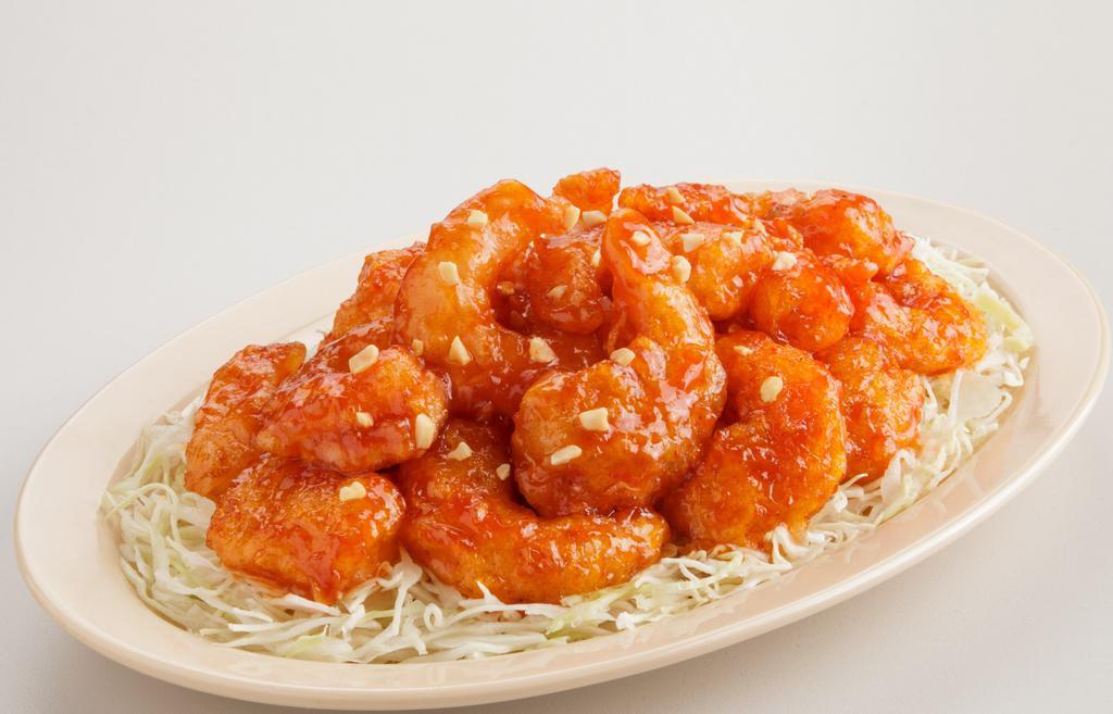 Chili Shrimp  · Contains nut. Deep fried shrimp are served with sweet and spicy chili sauce peanut on top.(1-2spicy level)
