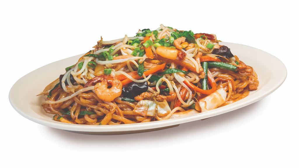 Bokkeummyeon · Pork, shrimp, bean sprout and assorted vegetables are stir-fried with noodles in special oyster sauce . we can make spicy if you ask.