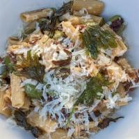 Rigatoni · braised lamb, baby kale, chili, olive, pecorino romano