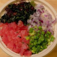 Waikiki Poke Bowl · Ahi tuna, red onion, Cucumber, green onion, furikake, seaweed, and sesame soy.