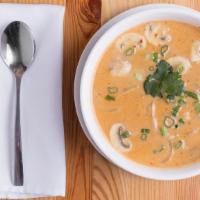 Tom Kha Soup · Creamy coconut milk with traditional Thai herbs and spice, mushroom, onions, Thai Chili and ...
