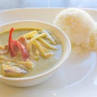 Green Curry · Spicy green curry with coconut milk, eggplant, bamboo shoots, bell pepper, and sweet basil.