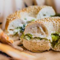 Heebster · Whitefish Salad, Wasabi Flying Fish Roe, Scallion Cream Cheese, Choice of Bagel. Served with...