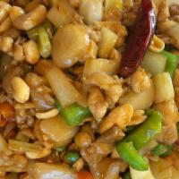 Kung Pao Chicken · Hot and spicy. Chicken stir-fried with fresh onions, green peppers, carrots, water chestnuts...