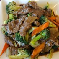 Beef With Broccoli · Sliced beef stir-fried with fresh broccoli in flavorful brown sauce.