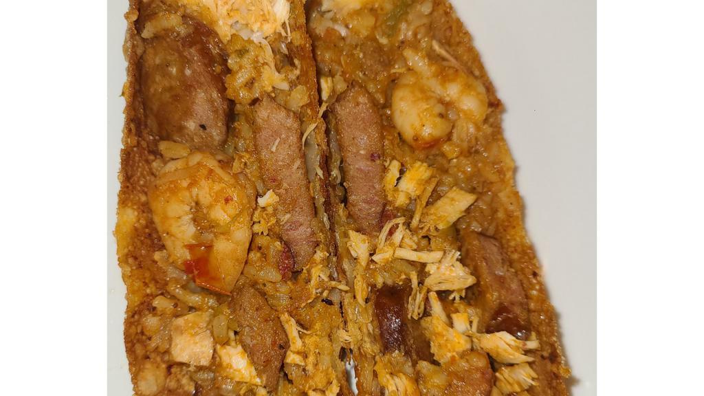 Jambalaya · Chicken Breast, Shrimp, Andouille Sausage, White Rice, Green Bell Pepper, Onions, Celery