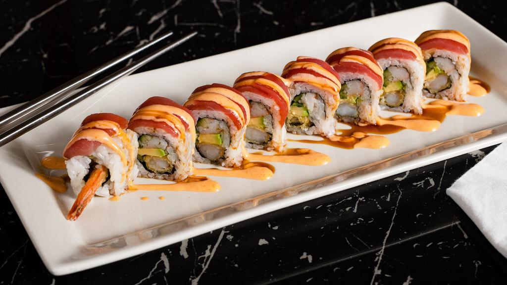 Mars · Shrimp tempura, crab, avocado, and cucumber, topped with fresh tuna, spicy mayo and eel sauce.

The consumption of raw or under cooked food such as beef, eggs, fish, poultry, shellfish and oysters may cause an increased risk of foodborne illness.