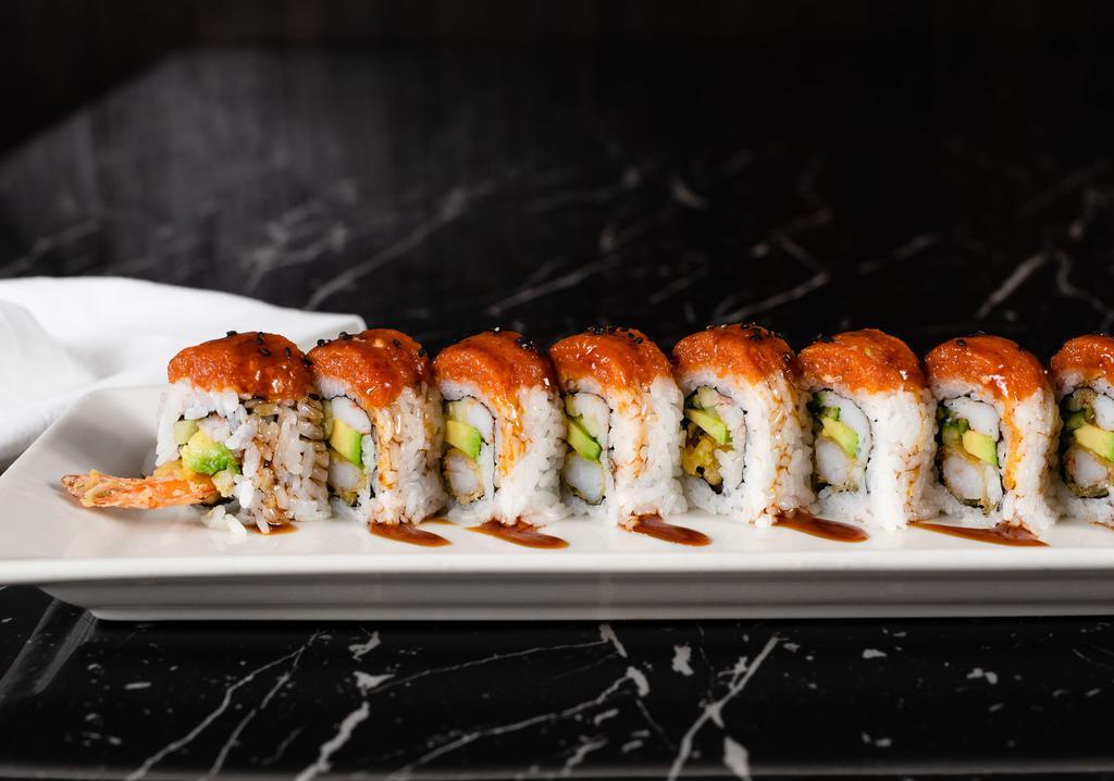 Black Tiger · Spicy. Shrimp tempura, crab, cucumber and avocado, topped with spicy tuna and eel.

The consumption of raw or under cooked food such as beef, eggs, fish, poultry, shellfish and oysters may cause an increased risk of foodborne illness.
