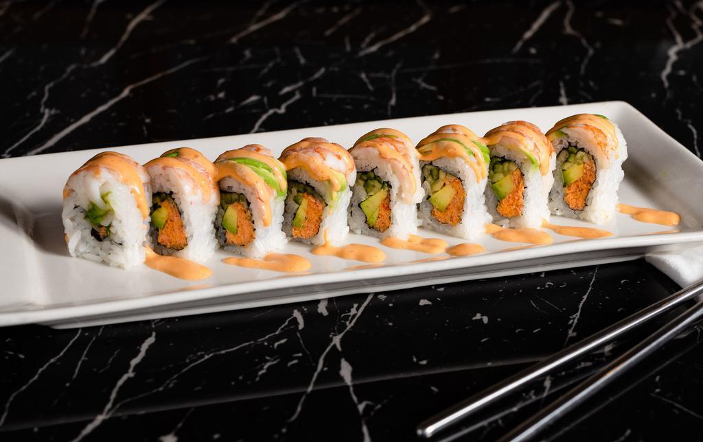 Osaka · Real crab, avocado, and cucumber, topped with shrimp, avocado, and spicy mayo.

The consumption of raw or under cooked food such as beef, eggs, fish, poultry, shellfish and oysters may cause an increased risk of foodborne illness.