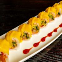 Crazy Mango · New roll. Shrimp tempura, avocado, and cucumber wrapped in soy paper, topped with mango, and...