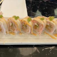 Scorpion · Hot and spicy. Shrimp tempura, jalapeno, cream cheese and cucumber rolled with soy paper top...