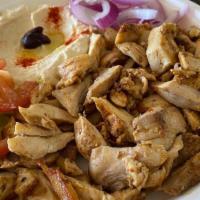Chicken (Shawarma) Plate · Marinated chicken breast and thigh broiled on a vertical skewer with lettuce, onion, tomatoe...