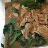 Rama Rong Song  · Chicken sautéed with garlic, placed on a bed of spinach then topped with our famous chili-pe...