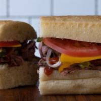 Bronx Barbecue Sandwich · Hot. Roast beef, cheddar, tomato, pickles, onion, BBQ sauce, butter, and mayo.