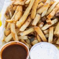 Fries · Fresh cut & double fried potatoes, served with your choice of two house made sauces.