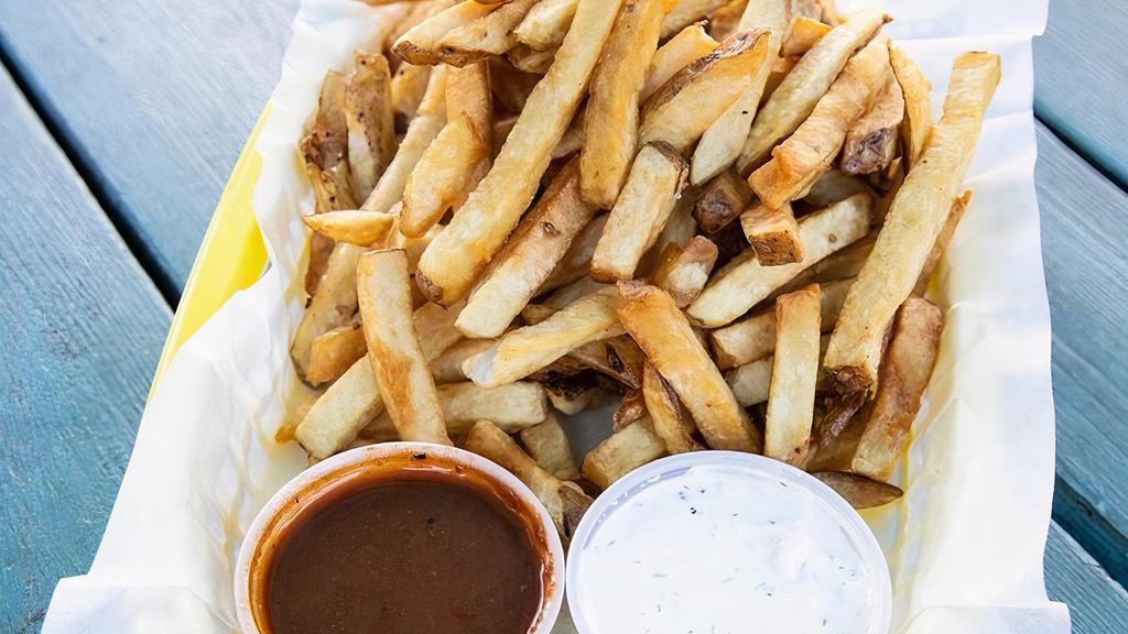 Fries · Fresh cut & double fried potatoes, served with your choice of two house made sauces.