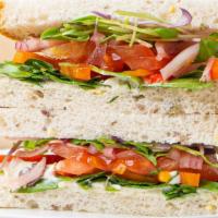 Veggie Sandwich  · spinach, sweet peppers, tomato, pickled red onions, micro-greens, whipped vegan feta spread,...