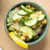 Cucumber Chickpea Salad (Spring Special) · cucumber, chickpeas, red onion, fennel, parsley, cumin, olive oil, vinegar, lemon
