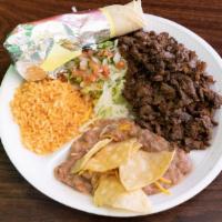 Carne Asada Plate · Carne asada, rice, beans, lettuce, tomato, sour cream and chips. Includes tortillas
